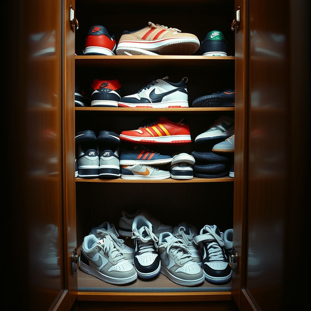 a cabinet full of sneakers